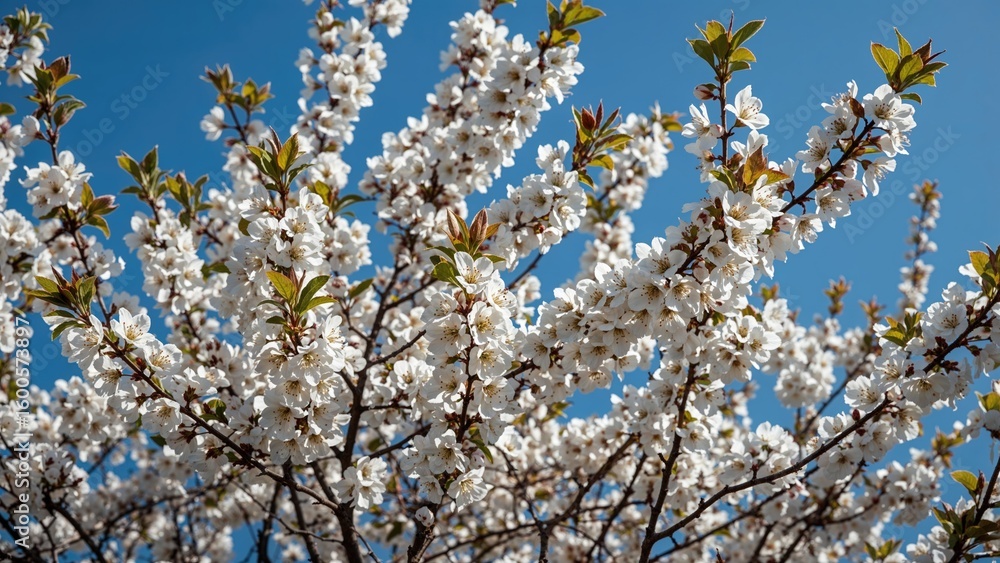 Flowering cherry tree branches silhouetted by a serene blue sky Flowering cherry tree branches silhouetted by a serene blue sky