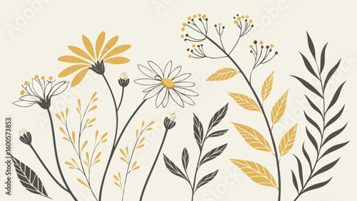 Botanical illustration of flowers and leaves vector design nature floral art print vintage style drawing art