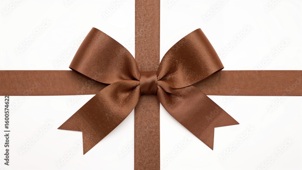 Fototapeta premium Dark brown silky ribbon bow perfect for gift wrapping, shown on white