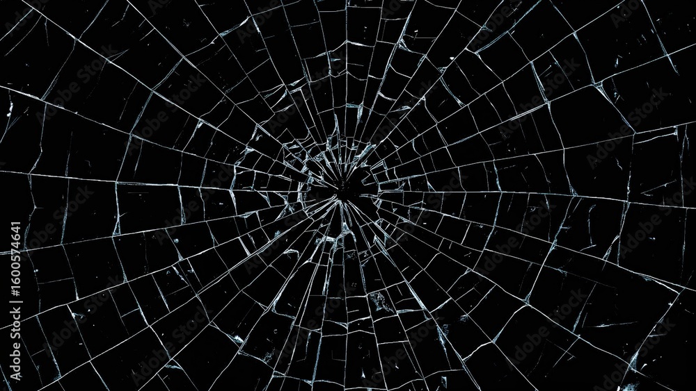 Fototapeta premium Impact point causing spiderweb cracks on black glass, highlighted by a bold contrast overlay pattern.