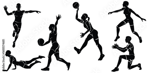 Athletic female silhouettes in dynamic poses demonstrating sports and fitness activities.eps