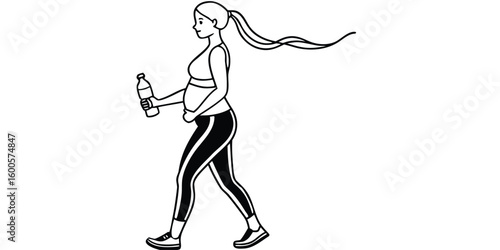 Woman in athletic wear walking with a water bottle and ponytail.eps