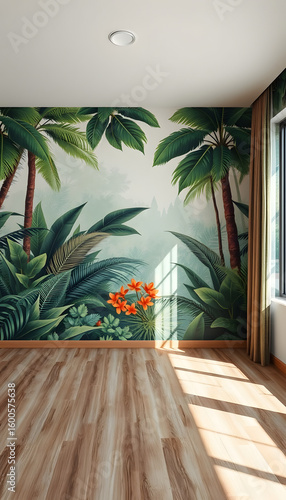 Fototapeta Naklejka Na Ścianę i Meble -  empty room with photo wallpaper with jungle print, photo. White tone