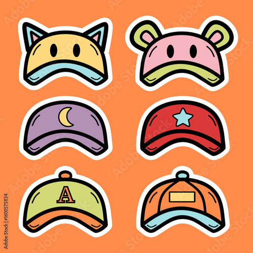 Set of cute cap hat hand drawn colorful illustration sticker collections
