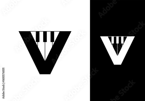 Abstract Initial letter V and Piano logo design vector illustration