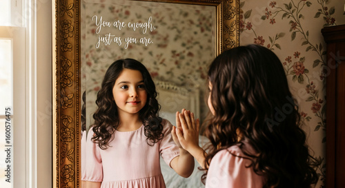 Young girl looking at herself in mirror with positive affirmation, self love concept