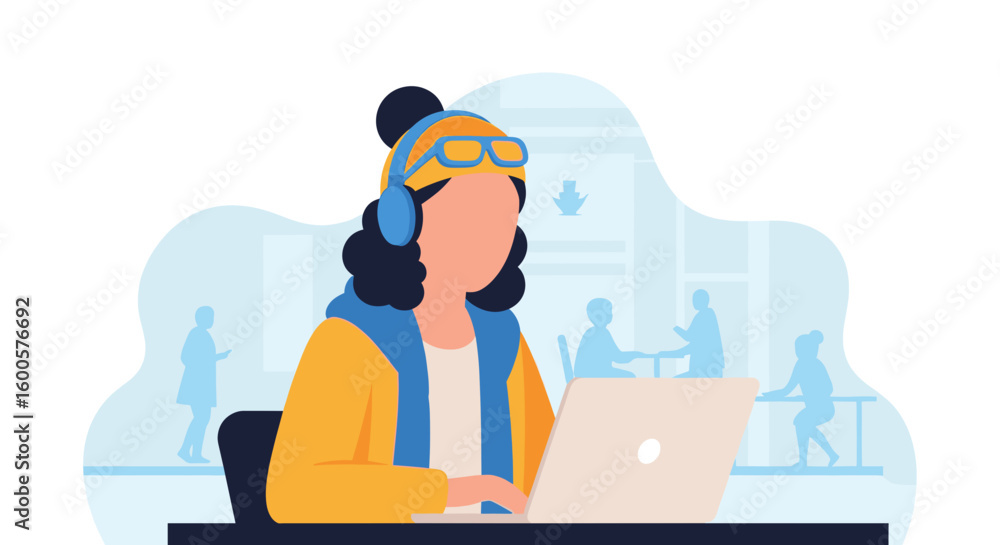 Fototapeta premium Young woman working on laptop, perfect for website banners or blog posts about remote work, freelancing, or online education.