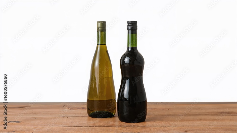 Fototapeta premium Olive oil paired with balsamic vinegar over wooden backdrop