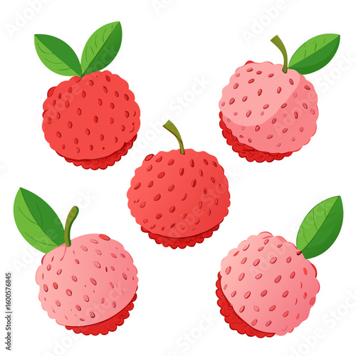 A vibrant illustration showcases five lychee fruits some with leaves and stems arranged against a clean white background highlighting their unique texture and color variations
