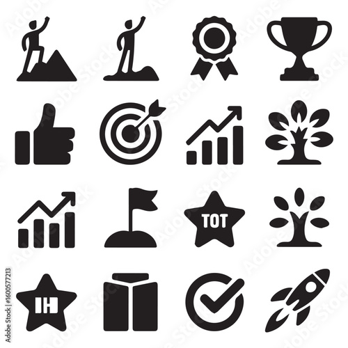 Vector art of a diverse set of black icons symbolizing business achievements, financial progress, and personal success