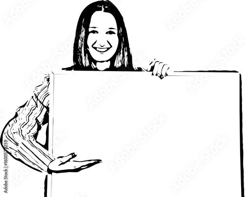 Woman presenting on blank banner