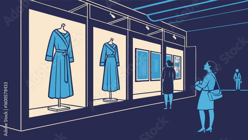 Fashion exhibition with vintage dresses and art gallery visitors vector illustration design