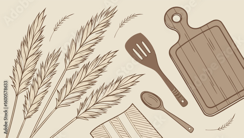 Rustic kitchen utensils cutting board spatula spoon and pampas grass still life vector illustration