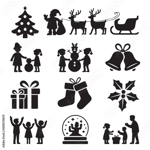 Vector art of a festive collection of black silhouette icons depicting classic christmas and holiday symbols, including santa, reindeer, gifts, and children enjoying winter activities