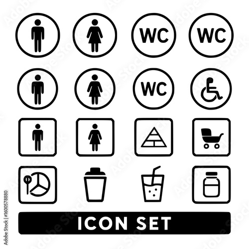 Universal Public Facility Sign Icon Set in Black and White
