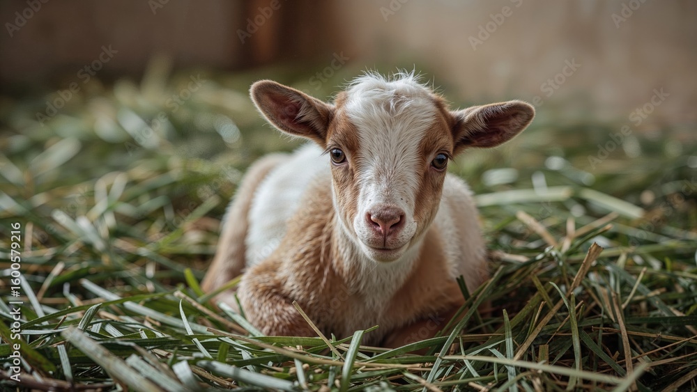 Fototapeta premium Tiny lamb lying in a shelter