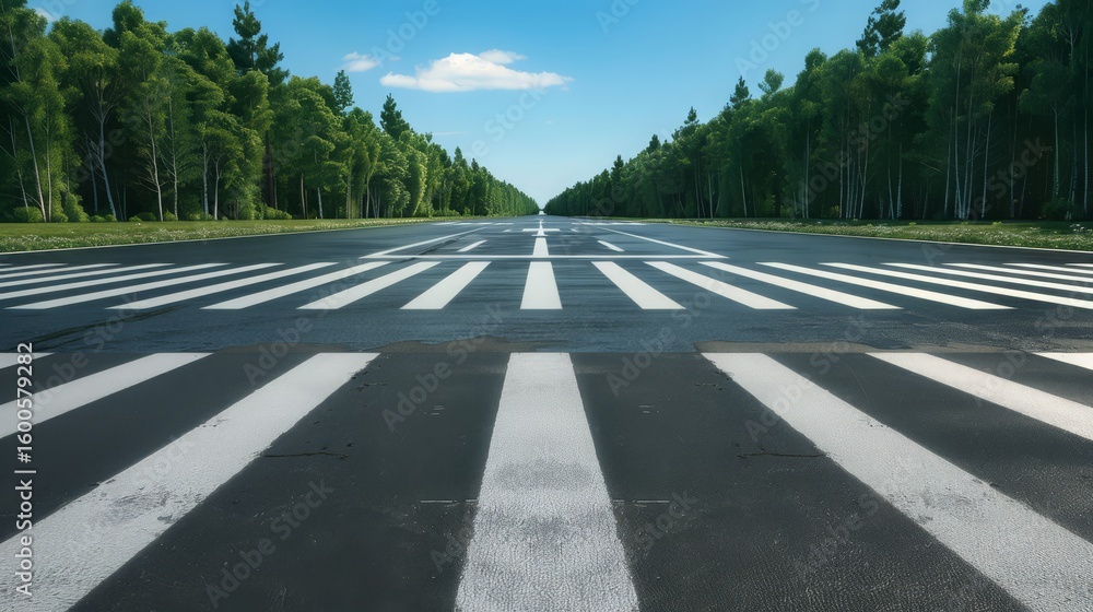 Obraz premium A vivid view of a deserted crosswalk leading into a lush green landscape, showcasing a bright blue sky and fluffy white clouds.