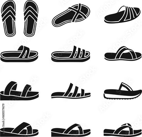 Sandal, Icon, Set, Shoe, Footwear, Summer, Beach, Casual, vector, silhouette