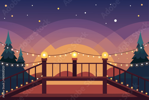 Glowing Sunset with Lamp-Lit Bridge