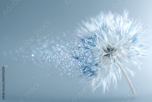 Delicate dandelion seed head dissolving into a swirl of blue water droplets