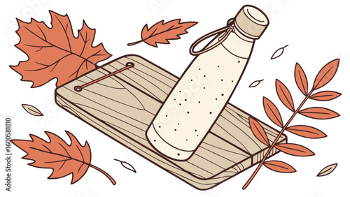 Autumn leaves and reusable water bottle on wooden board fall season eco friendly lifestyle aesthetic design