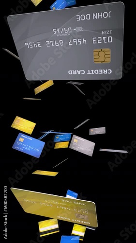 Seamless vertical loop of blue, yellow and gray credit cards falling with alpha channel. Perfect for banking commercials, economic explainers and business process visuals.