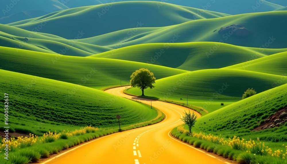 Fototapeta premium bright yellow road surrounded by unnaturally smooth green hills, single abstract tree.
