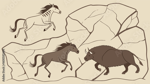 Cave painting of wild horses and bison ancient art drawing for educational resource vector illustration