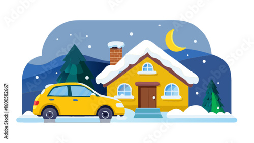 Winter house car scene vector illustration for christmas holiday vacation home and family travel design 100