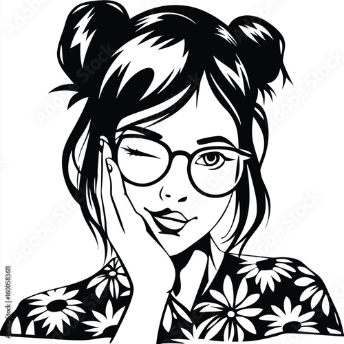 Smiling woman with glasses winks playfully while wearing a floral shirt, rendered in bold black lines