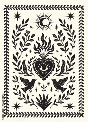 Mystical Folk Art Illustration with Heart, Birds and Eye Symbol