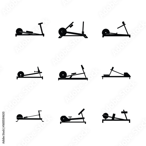 Fitness Rowing Machine Silhouette Icon Set