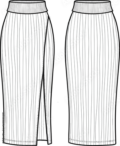 Elegant pencil skirt fashion sketch front and back views, slit and waistband detail, technical layout, cad drawing flat vector illustration