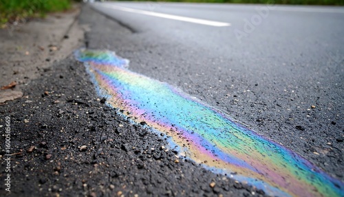Rainbow-hued oil spill on roadside asphalt