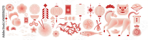 2026. Chinese New Year. Year of the Horse. Vector modern abstract illustrations of lanterns, firecrackers, fan, noodles, koi fish, dragon, zodiac horse, clouds, fireworks, food, and lucky icons.