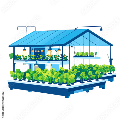 Modern two-level vertical farm with hydroponic systems and grow lights for indoor plant cultivation.