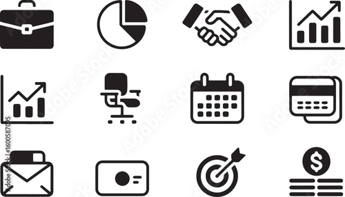 Business Finance Icons Set with Graphs, Charts, and Office Supplies
