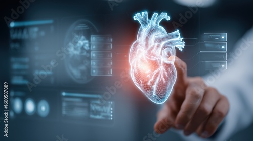 Doctor's hand reaching toward a glowing holographic heart projected on a digital screen. Concept of healthcare and medicine, innovation and medical technology. 