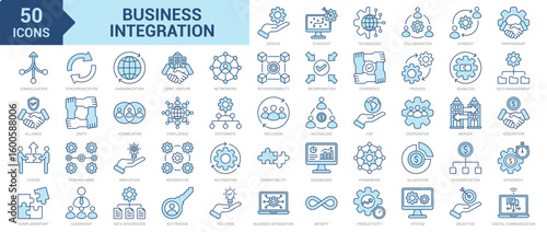 Business Integration icon collection set. Containing strategy, technology, collaboration, synergy, partnership, consolidation, alliance, fusion, complementary, synchronization icon. Simple blue vector