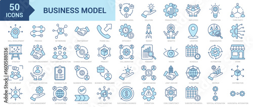 Business Model icon collection set. Containing solution, productivity, employee, innovation, third party, skill development, strategy, focus group, customer-centric, research icon. Simple blue vector