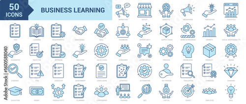 Business Learning icon collection set. Containing education, innovation, training, test, quality, evidence, learning, assessment, evaluation, teamwork, planning, requirements icon. Simple blue vector
