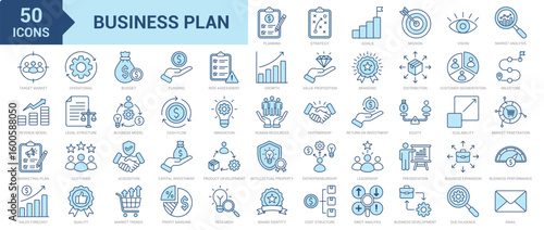 Business Plan icon collection set. Containing planning, strategy, vision, mission, goals, branding, distribution, customer segmentation, business expansion, innovation, growth icon. Simple blue vector