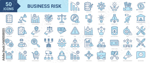 Business Risk icon collection set. Containing competition, war, recession, procurement, logistics, hacking, low sales, uncertainty, bankruptcy, risk management, bad review icon. Simple blue vector