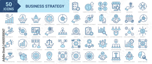Business Strategy icon collection set. Containing project plan, competitive advantage, swot analysis, market research, business innovation, target audience, profitability icon. Simple blue vector