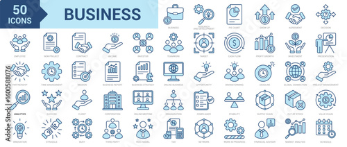Business icon collection set. Containing research and development, pie chart, agreement, decision, analytics, innovation, employee, project management, presentation, analysis icon. Simple blue vector