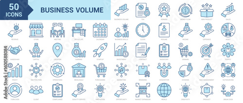 Business Volume icon collection set. Containing new product, sales, revenue, reward, money flow, deal, tax, profit, turnover, store, meeting, office life, demand, capital icon. Simple blue vector