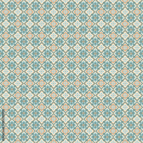 Classic and elegant geometric graphic patterns, floral patterns, brick orange and blue, simple vintage tones, clean and suitable for interior decoration or textiles that require a classic loo