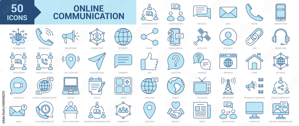 Obraz premium Online Communication icon collection set. Containing conversation, message, email, smartphone, technology, discussion, video call, inbox, phone call, connection, internet icon. Simple blue vector