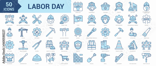 Labor Day icon collection set. Containing engineer, operator, agreement, toolbox, safety, factory, worker, mechanical engineering, safety, helmet, engineering, tools icon. Simple blue vector