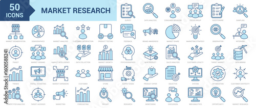 Market Research icon collection set. Containing analysis, consumer behavior, focus group, questionnaire, sampling, market segmentation, target, trends, competitor analysis icon. Simple blue vector
